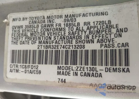 2004 Toyota Corolla S z USA, uszkodzony, nr VIN 2T1BR32E74C213208